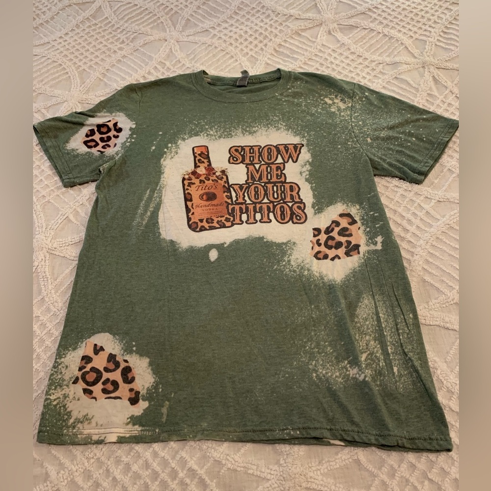 Women’s Green Graphic Tee with Leopard Print “Show Me Your Tito’s!”